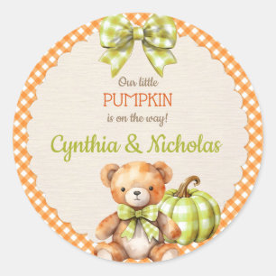 Sticker Rond Ours en peluche à carreaux d'automne Citrouille Fe