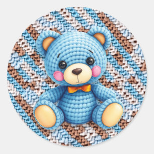 Sticker Rond Ours en peluche au crochet bleu et marron 