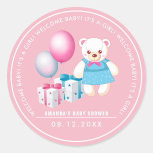Sticker Rond Ours en peluche   Bébé Baby shower Fille Favoriser