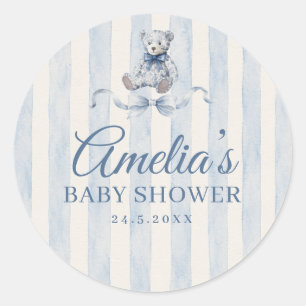 Sticker Rond Ours en peluche bleu aquarelle rayures Baby Shower
