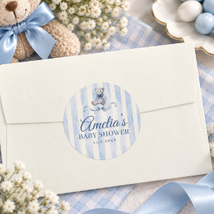 Sticker Rond Ours en peluche bleu aquarelle rayures Baby Shower