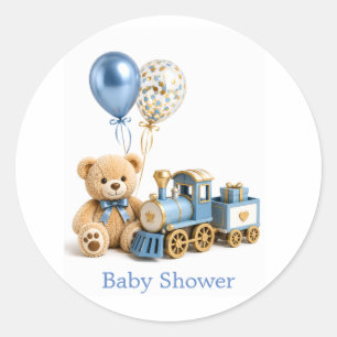 Sticker Rond Ours en peluche Blue Gold Train Garçon Baby Shower