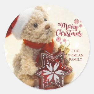 Sticker Rond Ours en peluche,Chapeau de Père Noël,Ornement de N