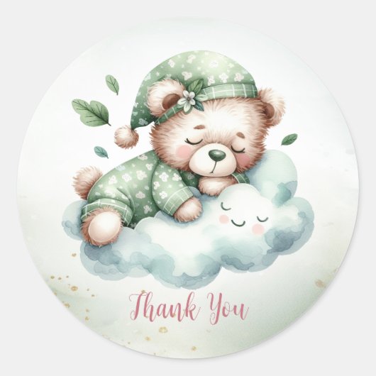 Sticker Rond Ours en peluche endormi Boho vert Fête mignonne (Devant)