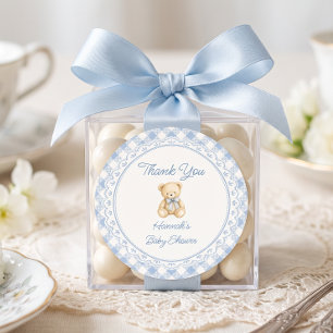 Sticker Rond Ours en peluche gingham bleu Baby Shower