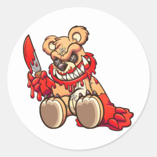 Sticker Rond ours en peluche maléfique couvert de sang et tenan