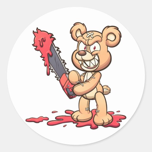 Sticker Rond ours en peluche maléfique tenant une tronçonneuse  (Devant)