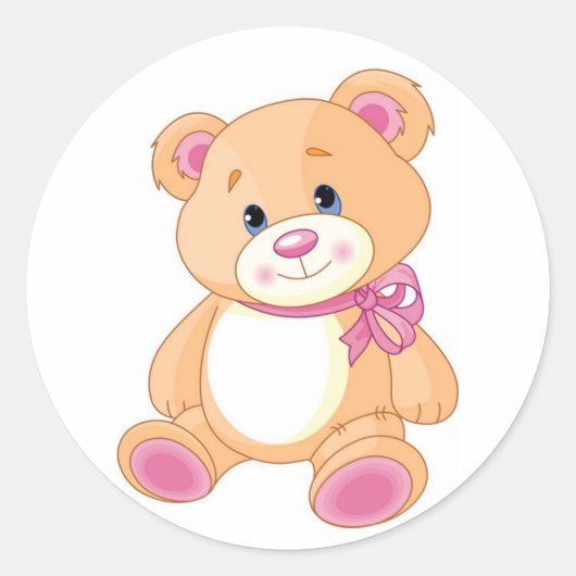 Sticker Rond Ours en peluche mignon avec ruban rose (Devant)
