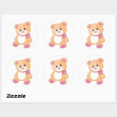 Sticker Rond Ours en peluche mignon avec ruban rose (Feuille)