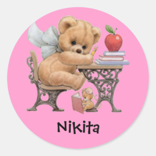 Sticker Rond Ours en peluche mignon Nom personnalisé Cadeau