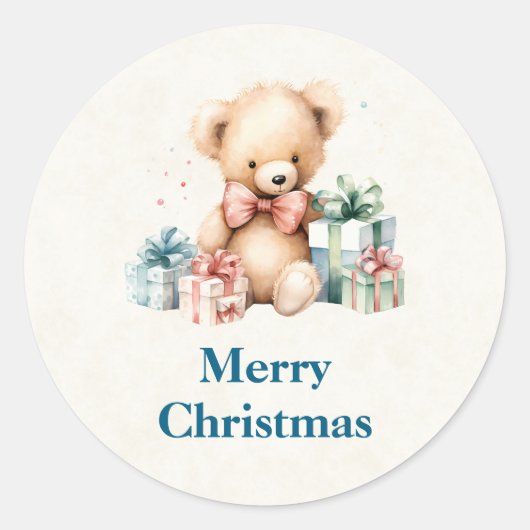 Sticker Rond Ours en peluche mignonne avec cadeaux de Noël (Devant)