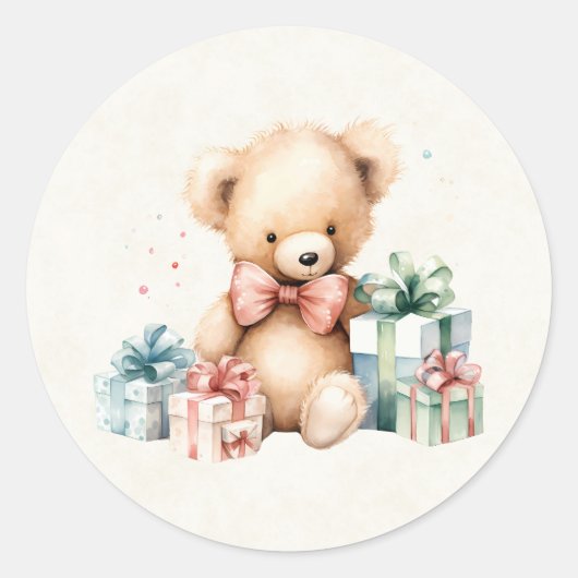 Sticker Rond Ours en peluche mignonne avec cadeaux de Noël (Devant)