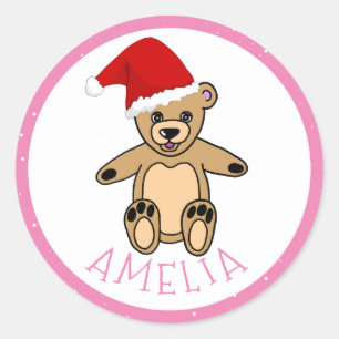 Sticker Rond Ours en peluche mignonne avec chapeau de Noël Ki