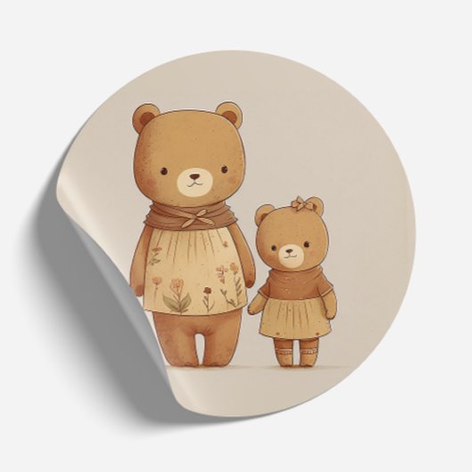 Sticker Rond Ours en peluche mignonne maman et ours bébé. Fête 