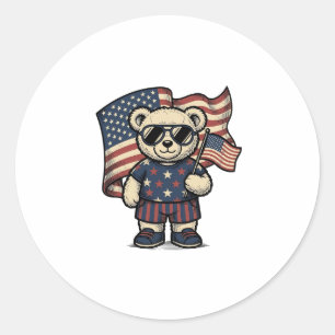 Sticker Rond Ours en peluche patriotique vintage gravure chemis