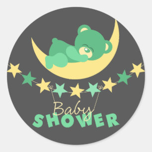 Sticker Rond Ours En Tourbe Vert Couché Sur Le Baby shower Lune