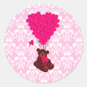 Sticker Rond Ours et ballons de coeur sur damas rose