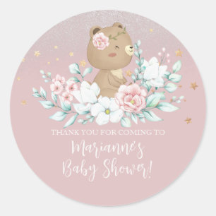 Sticker Rond Ours Fête de Naissance Floral Pailleté Rose Pâle