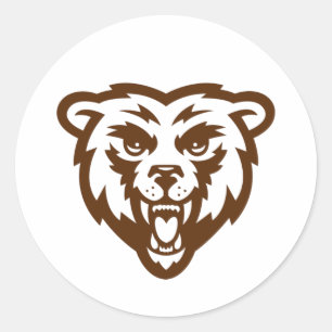 Sticker Rond Ours Grizzli Brown Rustique Bois Folk Animaux