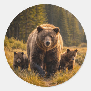 Sticker Rond Ours Grizzly Sauvage Avec Ses Oursons