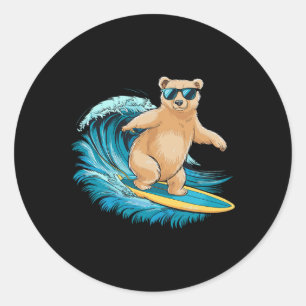Sticker Rond Ours Grizzly Surfeur Plage Été Planche de Surf Sur