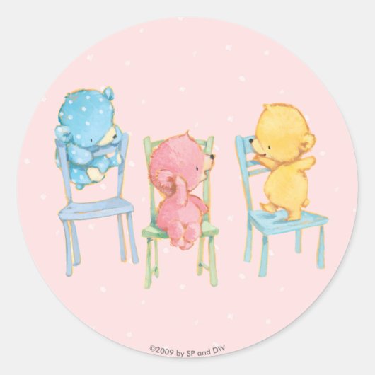 Sticker Rond Ours jaunes, roses et bleus sur chaises (Devant)