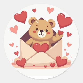 Sticker Rond Ours joueur sortant d'une enveloppe avec des cœurs