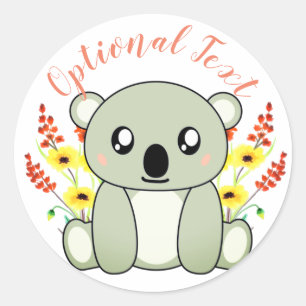 Sticker Rond Ours Koala mignon avec fleurs