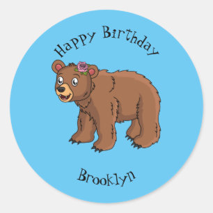 Sticker Rond Ours mignon avec dessin animé sur les fleurs