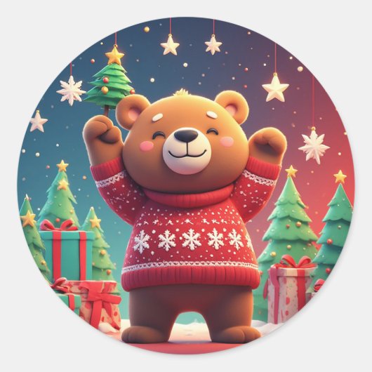 Sticker Rond Ours mignon en pull de Noël (Devant)