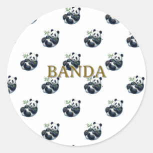 Sticker Rond Ours Panda Aquarelle Mignon Tenant Bambou Autocoll