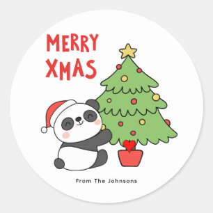 Sticker Rond Ours Panda Avec Arbre De Noël
