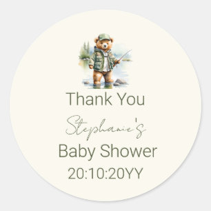 Sticker Rond Ours pêcheur mignon avec moulinet excité Baby Show