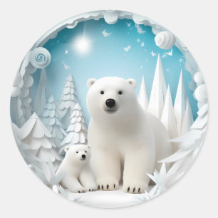 Sticker Rond Ours polaire avec petit Océan Arctique Hiver blanc