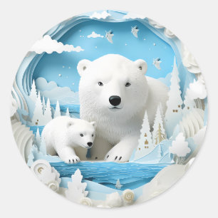 Sticker Rond Ours polaire avec petit Océan Arctique Hiver blanc
