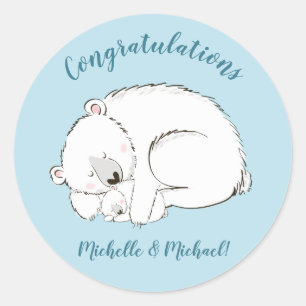 Sticker Rond Ours polaire Baby shower Hiver bleu garçon