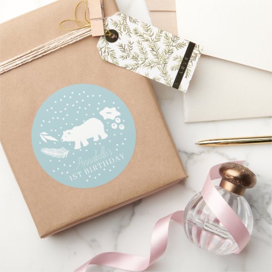 Sticker Rond Ours polaire Bleu hiver Anniversaire (Cadeaux)