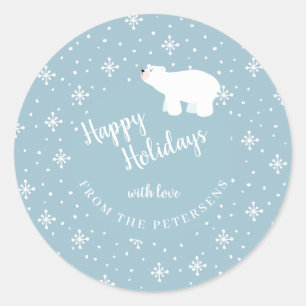 Sticker Rond Ours polaire bleu poussiéreux neige qui tombe joye