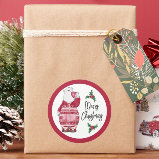 Sticker Rond Ours polaire d'hiver en pyjama avec cacao (vacances)