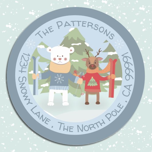 Sticker Rond Ours polaire et enveloppe bleu renne