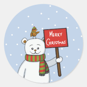 Sticker Rond Ours polaire et rouge-gorge salutation de Noël