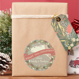 Sticker Rond Ours polaire Joyeux petit Noël Garland clair