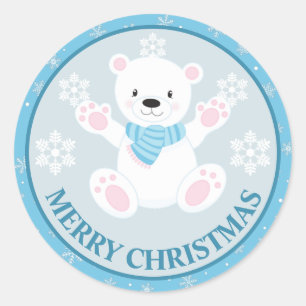 Sticker Rond Ours polaire mignon et flocons de neige Noël bleu