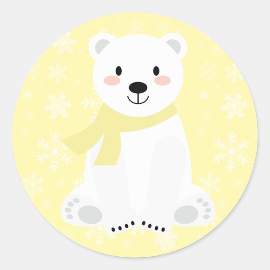 Sticker Rond Ours polaire mignon hiver flocon de neige jaune (Devant)