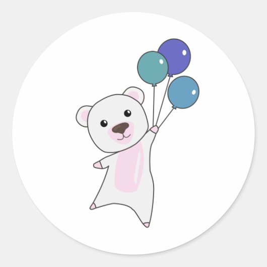 Sticker Rond Ours Polaire Mouches Avec Ballons Mignons Animaux  (Devant)
