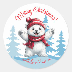Sticker Rond Ours polaire Noël rouge