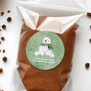 Sticker Rond Ours Polaire Portant une Écharpe Verte Laisser pas