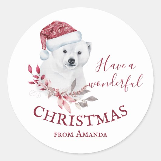 Sticker Rond Ours polaire Santa hat joyeux Noël mignon (Devant)