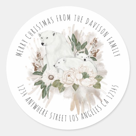Sticker Rond Ours polaires Nom Retour Adresse Joyeux Noël (Devant)