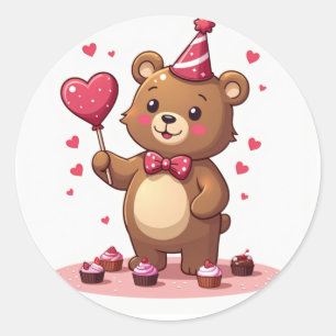 Sticker Rond Ours Romantique Offrant Lollipop En Forme De Coeur